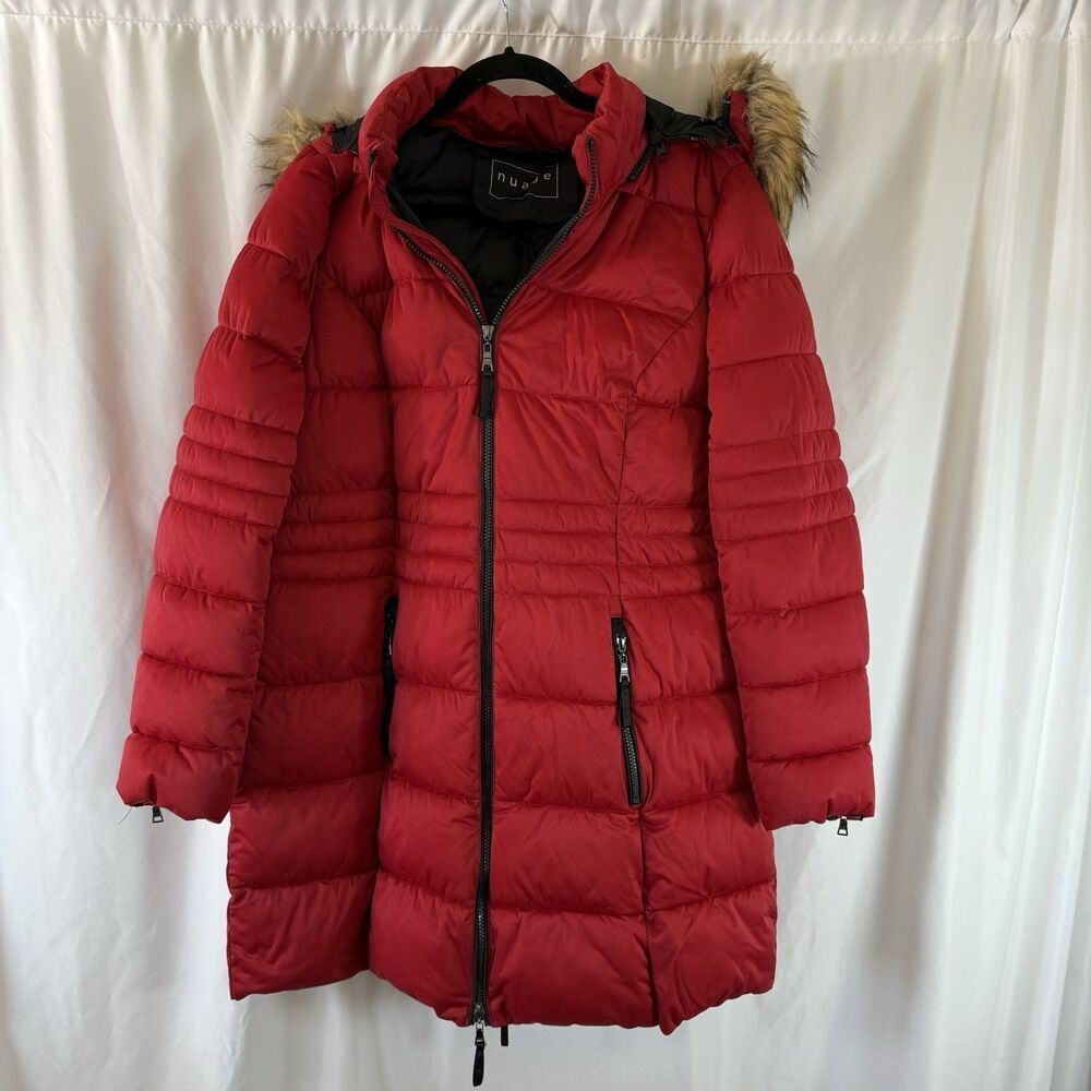 Nuage Puffer Jacket Women's XL Red Long Full Zip Hooded Zip Pockets